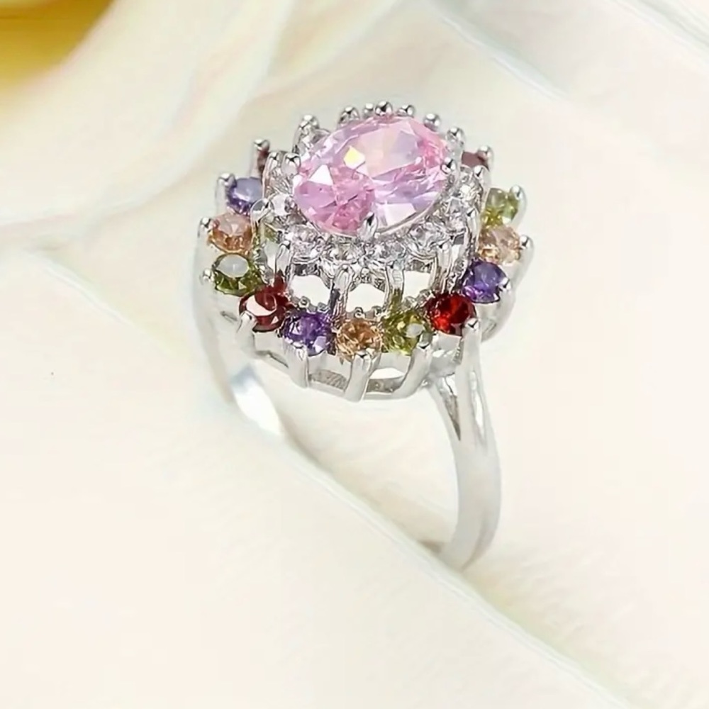 Pink Oval Gemstone, Cluster Multicolor, Cubic Zirconia Statement Cocktail Ring